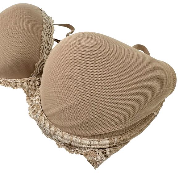 Natori Tan Beige Lace Mesh Adjustable Strap V-Neck Plunge Lined Lingerie Bra - Picture 3 of 6